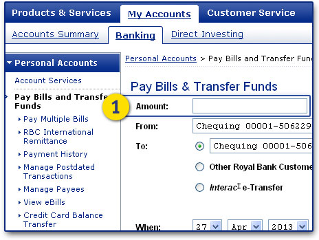 Under My Accounts/Banking/Pay Bills & Transfer Funds, enter how much to transfer 