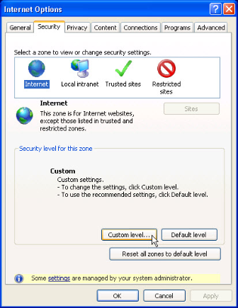 Internet Options - Security Tab