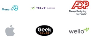 Moneris, Telus Business, ADP - Always Designing for People, Apple, Geek Squad, et Wello