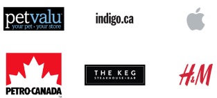 Pet Value, indigo, Apple, Petro-Canada, the Keg steakhouse and bar, and H and M
