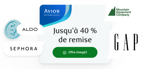 Avion Rewards 'Up to 40% cash back' tile showing Aldo, Sephora, GAP and Mountain Equipment Company logos