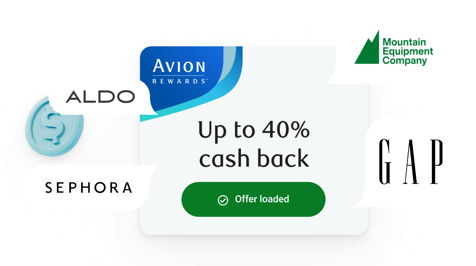 Avion Rewards 'Up to 40% cash back' tile showing Aldo, Sephora, GAP and Mountain Equipment Company logos