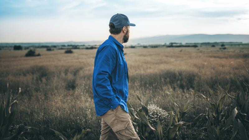 A farmer stands on the field