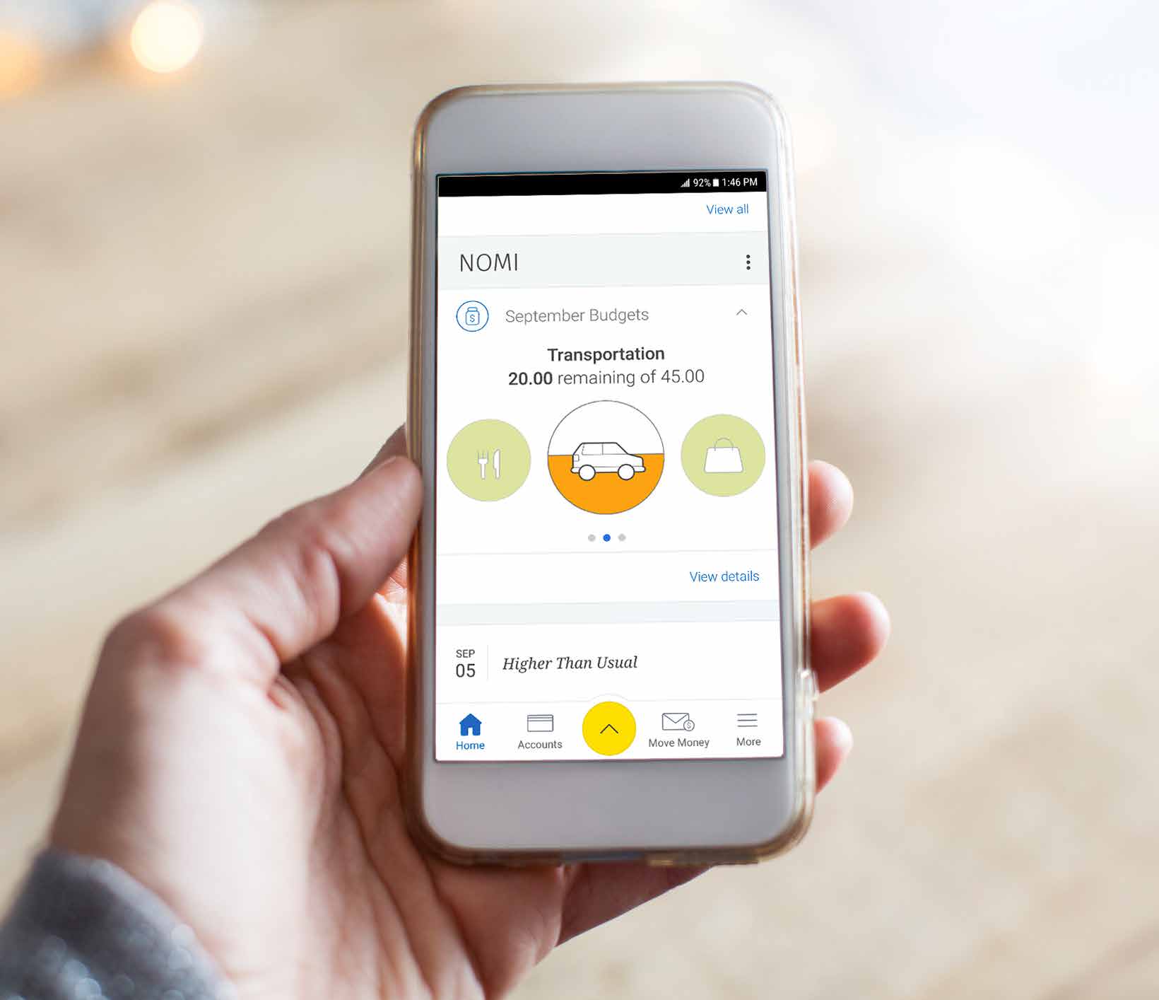 The NOMI app open, displaying the user's budget for transportation