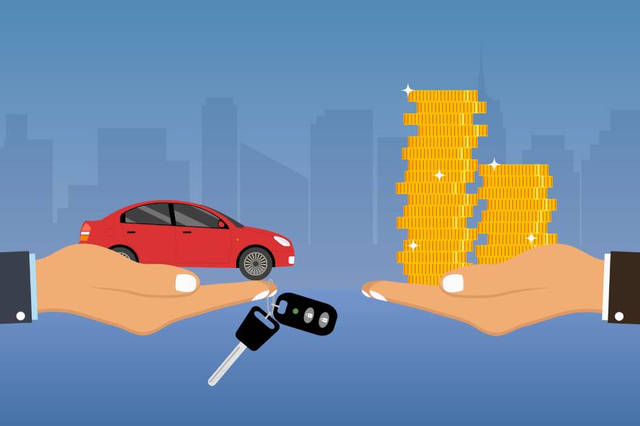 Illustration of hands holding car and stack of coins.