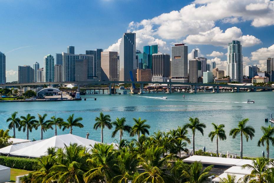 The Miami skyline is shown on a sunny day