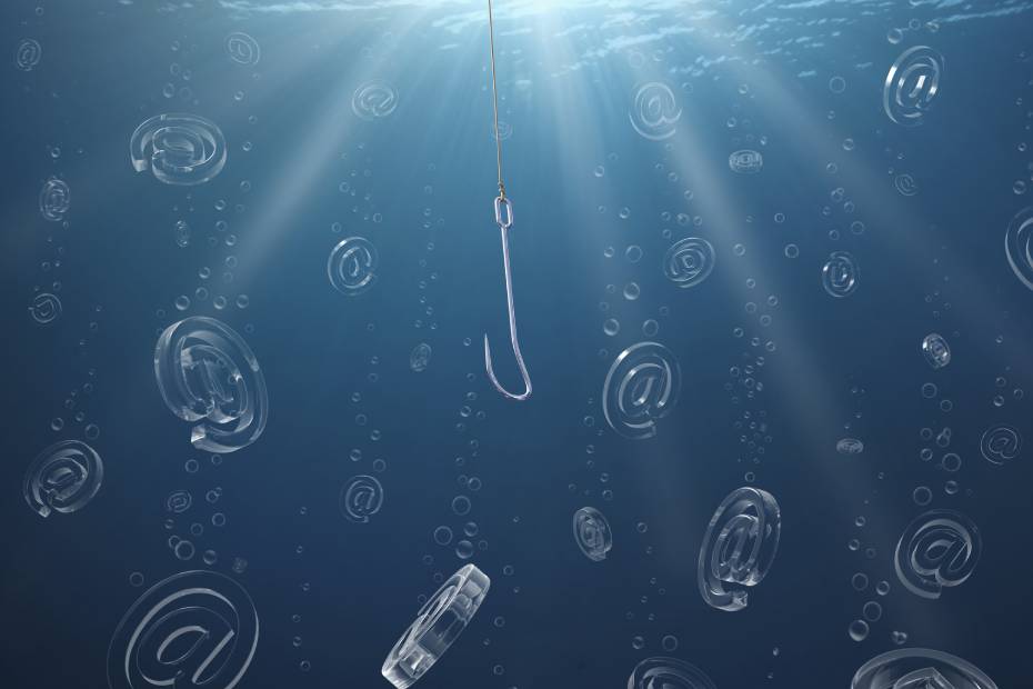 An underwater illustration of a fishing line with ampersand symbols, representing the concept of phishing.