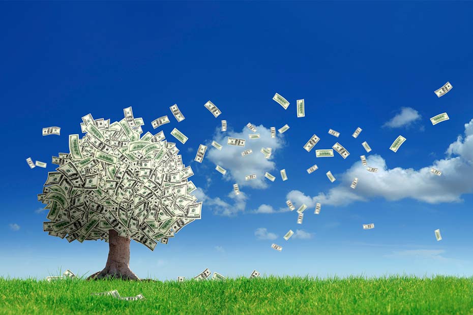 A tree with leaves made of dollar bills blowing in the wind