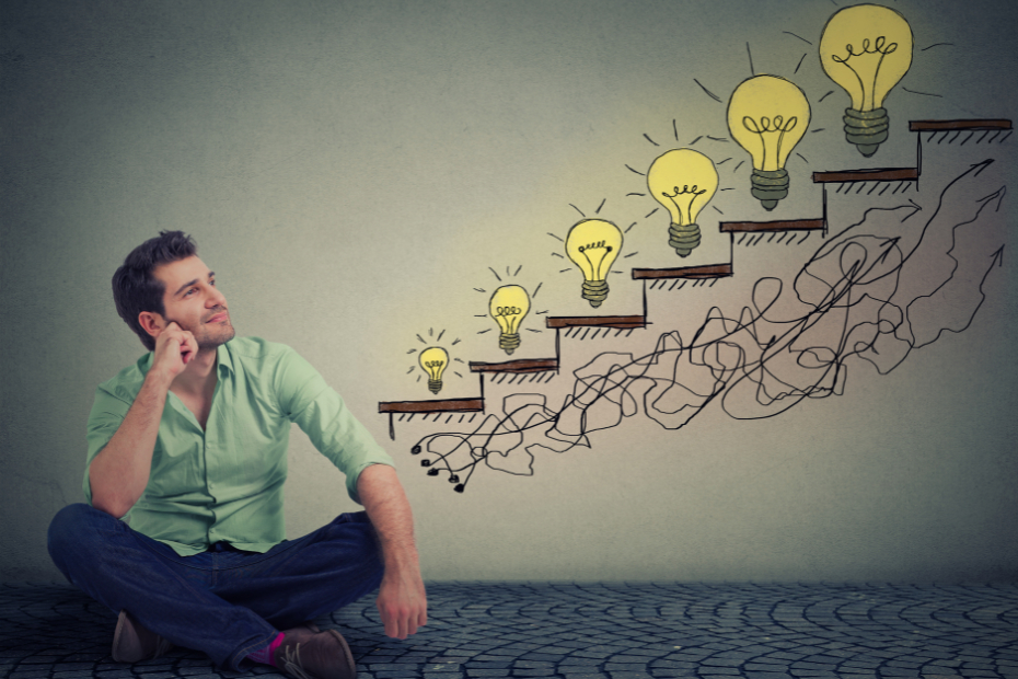 Image of a man sitting looking at a virtual wall of ideas with lightbulbs at each step