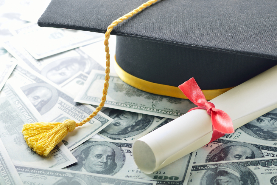 Graduation hat with diploma and US money