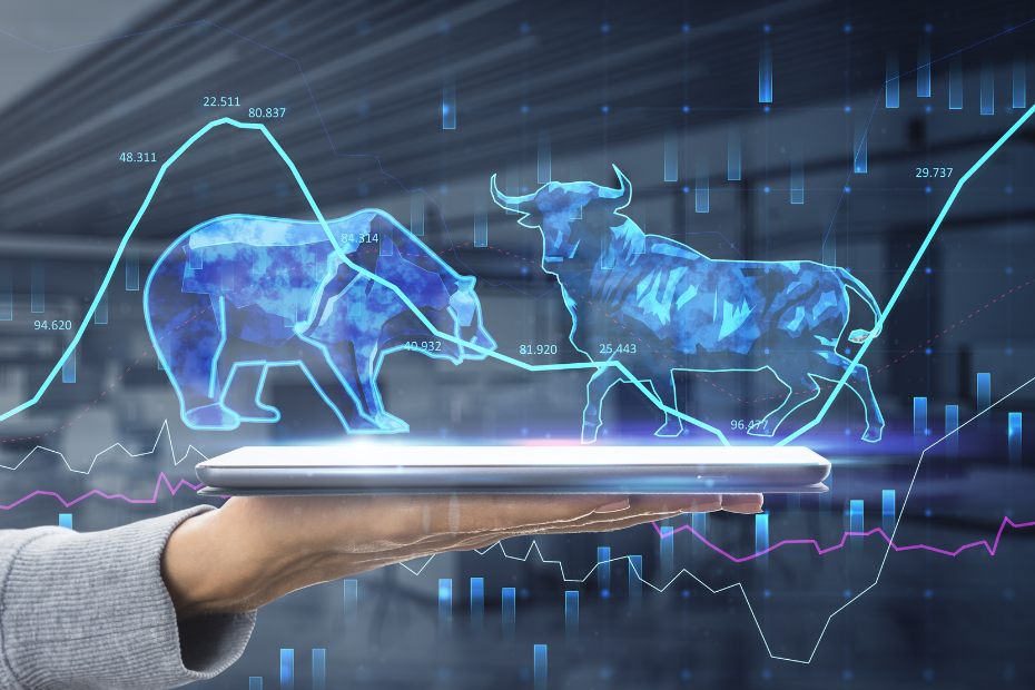 Illustration of a bear and bull with graphics of the stock market rising and falling.