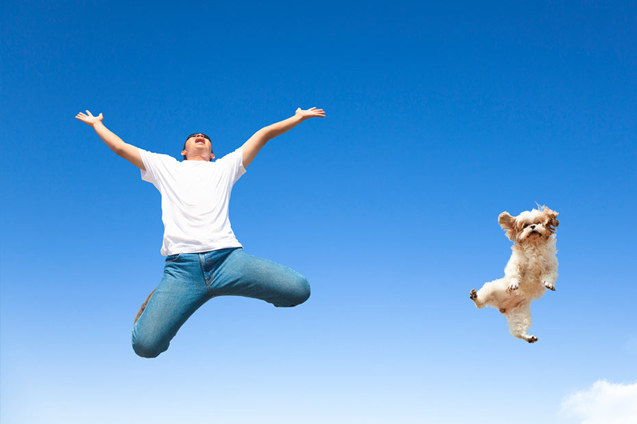 A young man and his dog jumping for joy