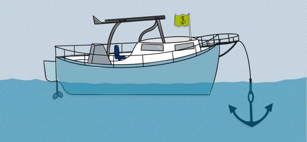 Illustration of a boat with an anchor hanging from the front.