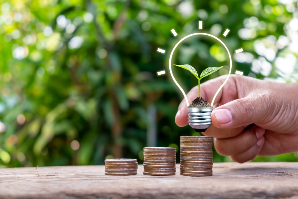 Plants planted in energy-saving lamps in the hands of people and piles of coins. Eco-friendly economic growth and energy concept