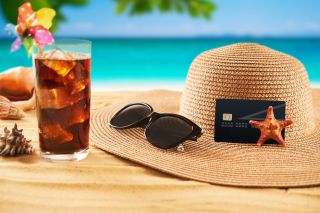Beach vacation getaway with an iced drink, sunglasses and a hat