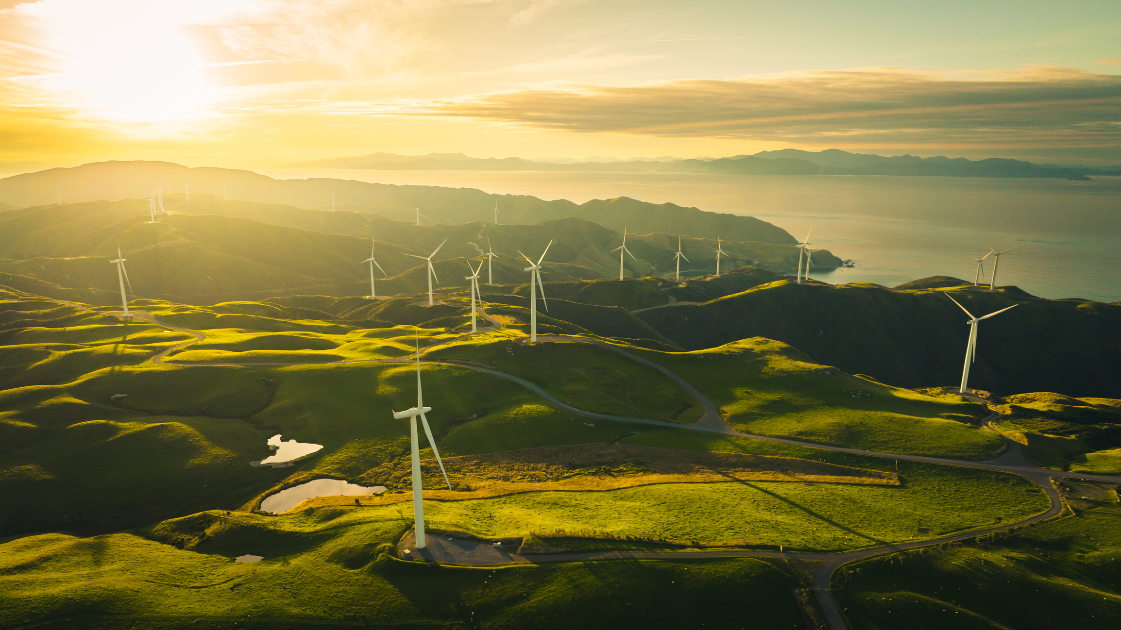 Grand view of Windmills along the coast at sunset time in Wellington, New Zealand.