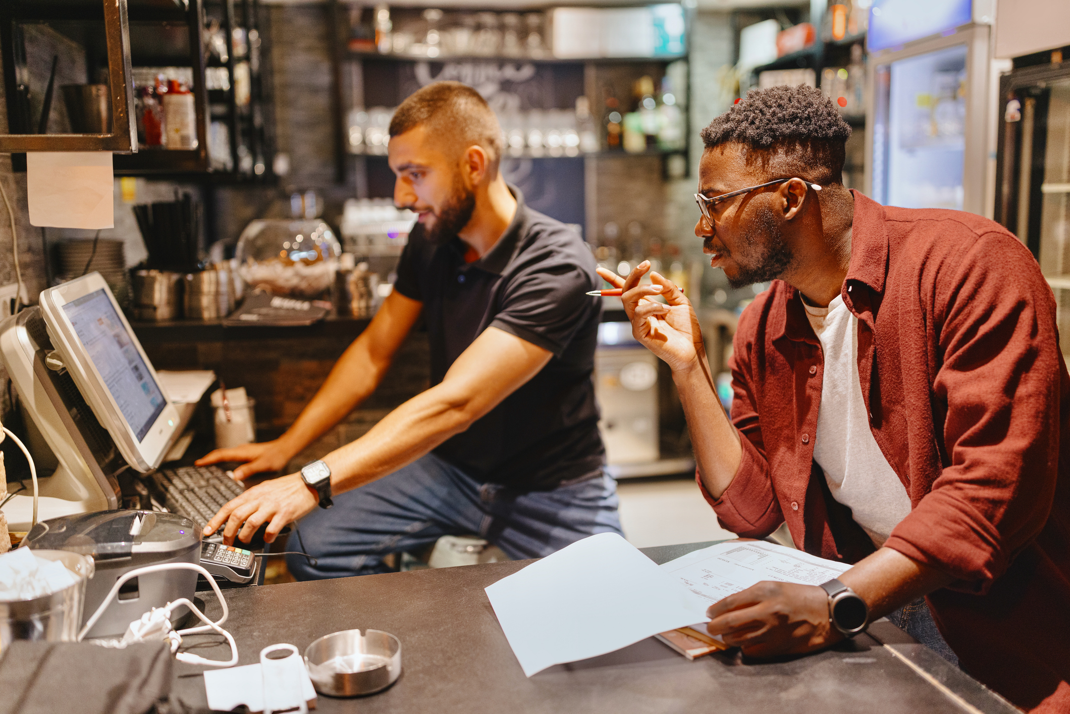 Frustrated coffee shop owner in closed cafe, end of small business due to the inflation concept