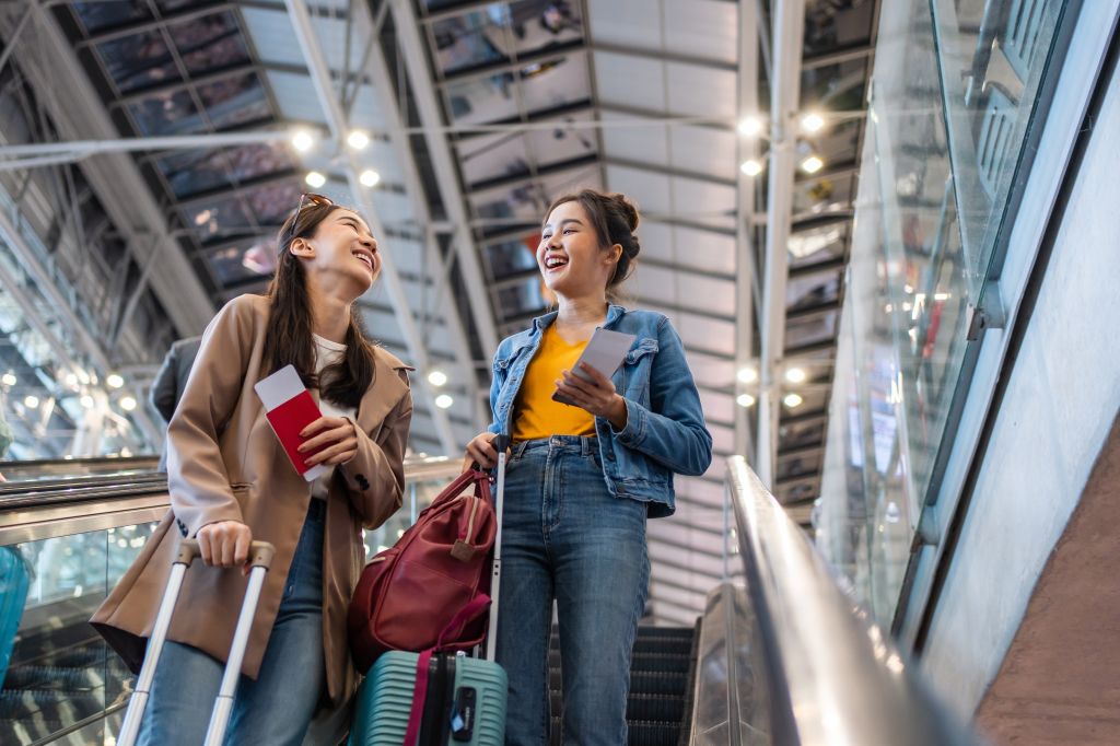 Young women walking in the airport