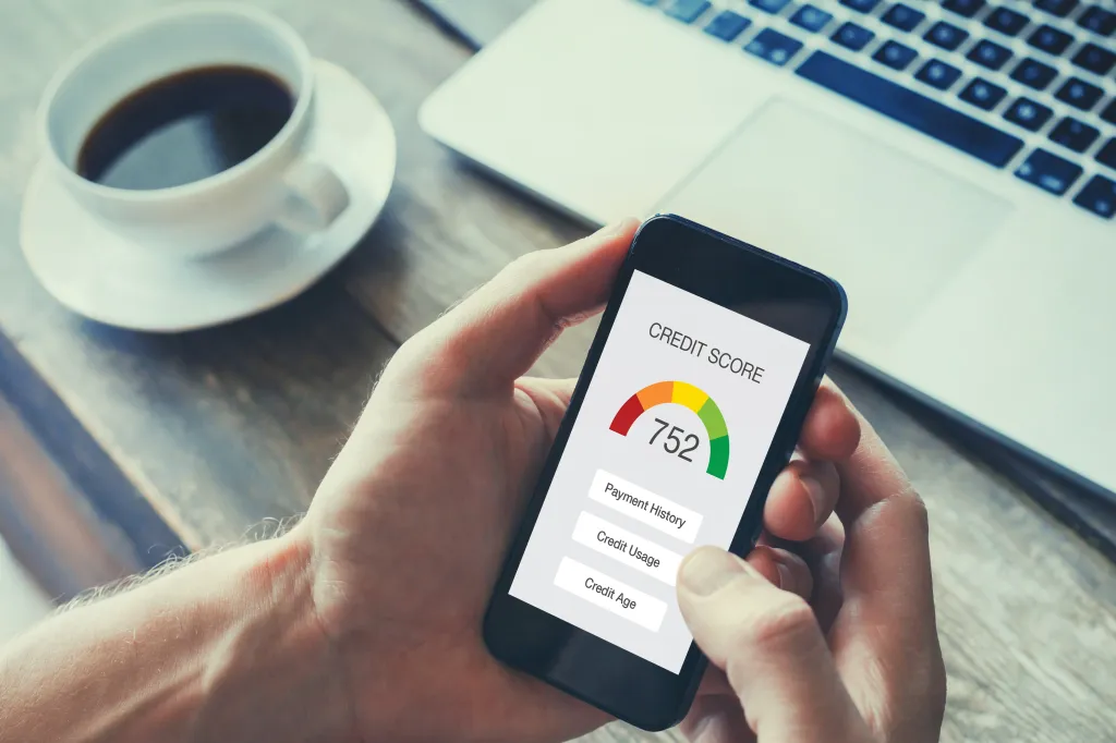Image of person looking at an app on their smartphone to check their credit score.