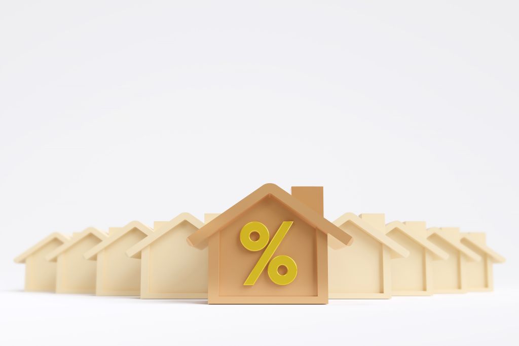 A group of wooden houses with % sign.