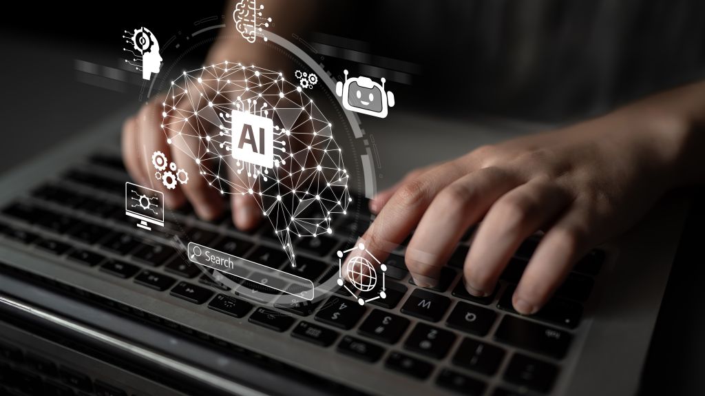 Person typing on computer. Overlay of 3D cyber security illustrations.