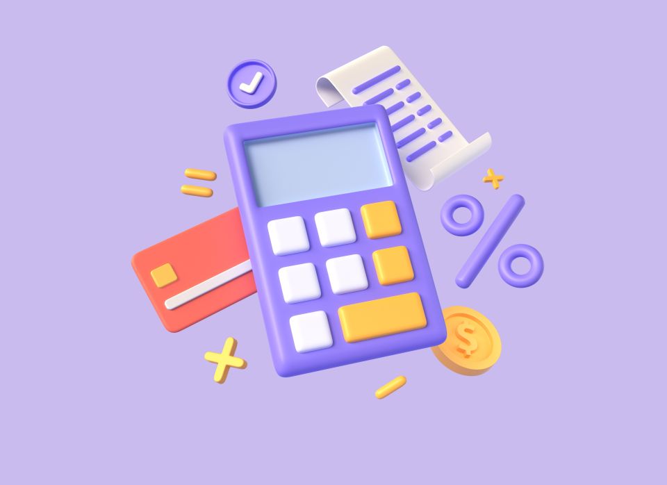 A 3d calculator, coin and credit card in cartoon style