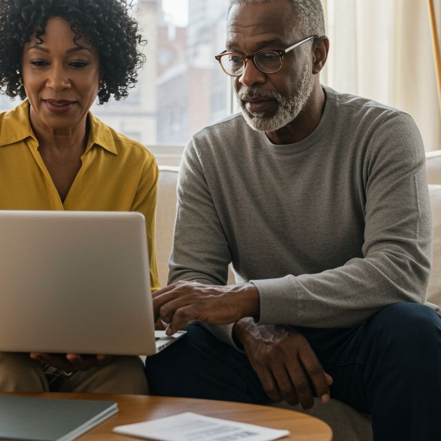 Elderly couple sitting on a couch while browsing on a computer.