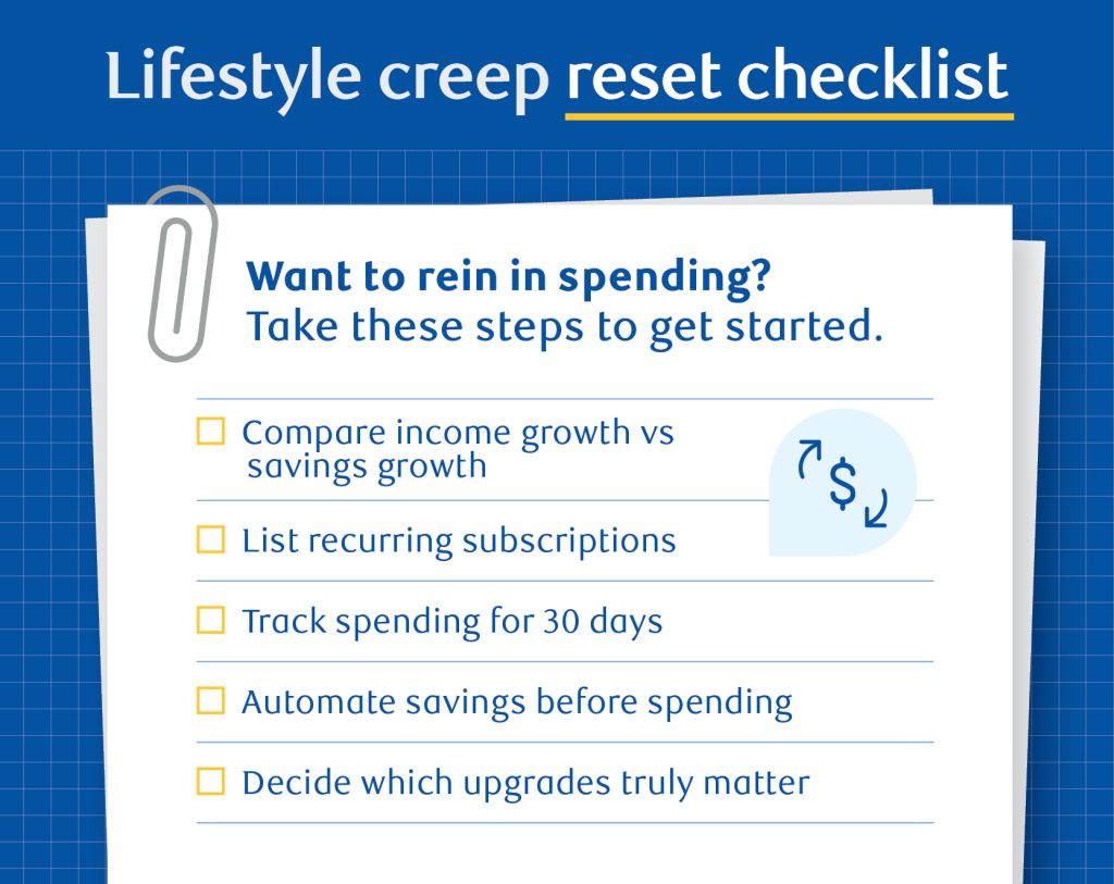 Checklist infographic with five steps to reset lifestyle creep and manage spending habits