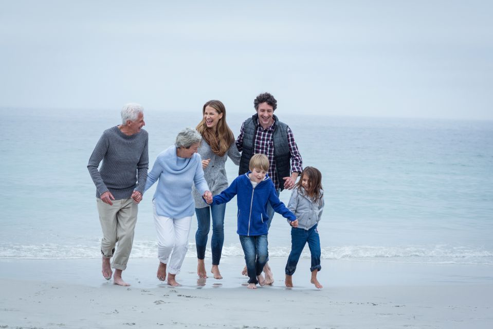 Three generations of a family on a beach representing the sandwich generation who care for elderly parents while raising children.