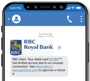Screenshot of a fake RBC Royal Bank text message on a smartphone claiming the recipient's debit card has limited access and directing them to a suspicious link.