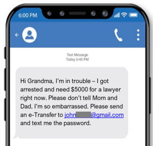 Screenshot of a grandparent scam text message on a smartphone where the sender falsely claims to be a grandchild who has been arrested and urgently requests $5,000 via e-Transfer.