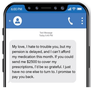 Screenshot of a romance scam text message on a smartphone where the sender claims their pension is delayed and asks the recipient for $2,500 to cover medication expenses.