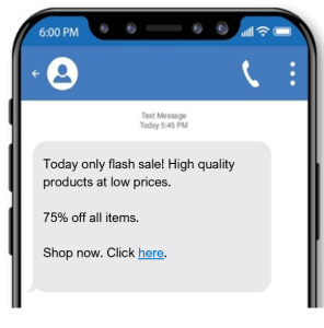 This scam text invites the victim to purchase products at low prices during a flash sale. The victim is prompted to click on the provided link to browse the online store.