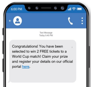 This scam text informs the victim that they have won two free tickets to a sporting event. To claim their prize, the victim must register their details via the link provided.