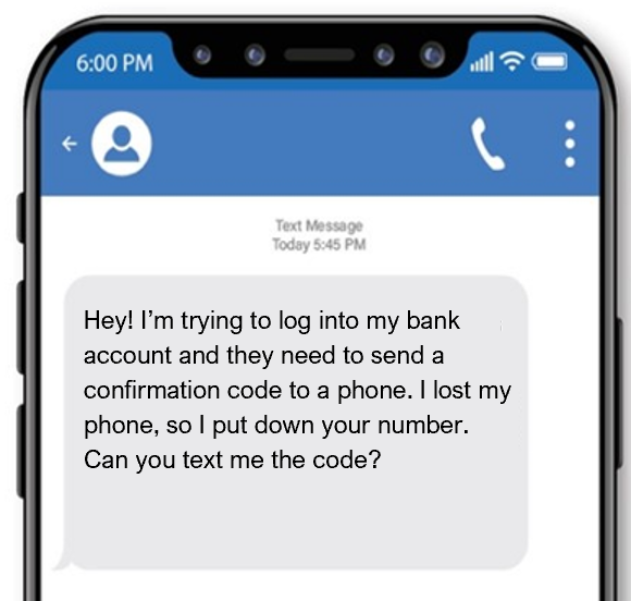 This scam text is from a friend asking the victim for help to log into their bank account. The scammer requests that the victim forward them the confirmation code sent to their phone.