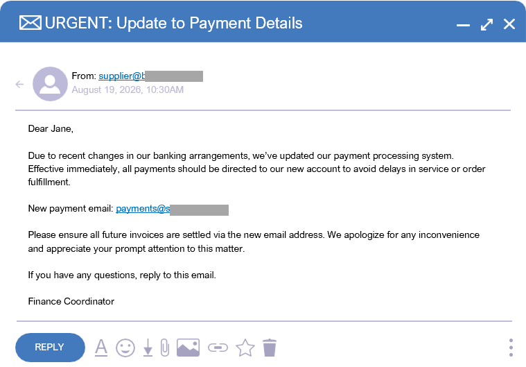 This scam email is from a scammer impersonating a supplier, asking the victim to send money to a new email address due to a change in payment details.