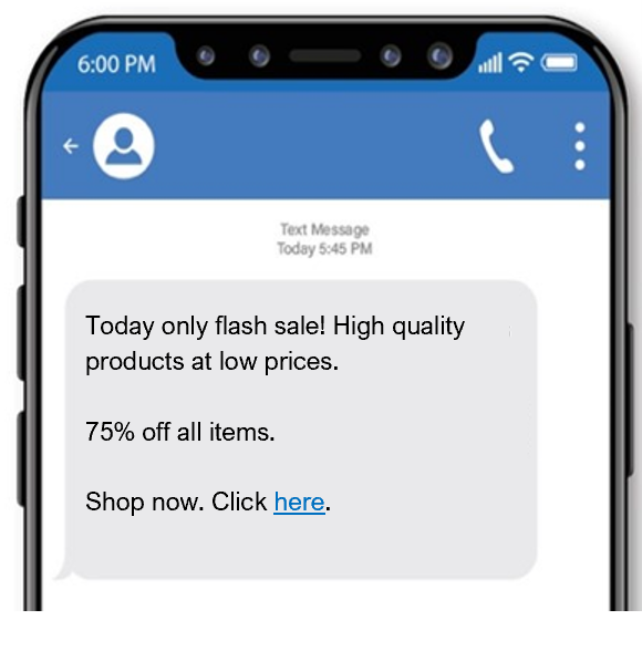 This scam text invites the victim to purchase products at low prices during a flash sale. The victim is prompted to click on the provided link to browse the online store.
