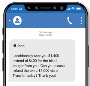 This scam text is from a buyer claiming they sent more than the agreed amount, asking the seller to refund the difference via e-Transfer.