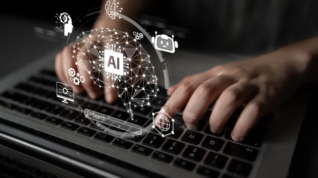 Person typing on computer. Overlay of 3D cyber security illustrations.