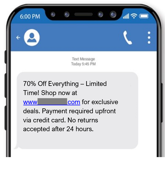 This scam text promotes a fake shopping website, urging the victim to click on a link to visit the site and make a purchase.
