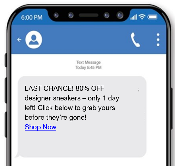 This scam text promotes a major discount at an online retailer, urging the victim to click on a link to visit the site and make a purchase.