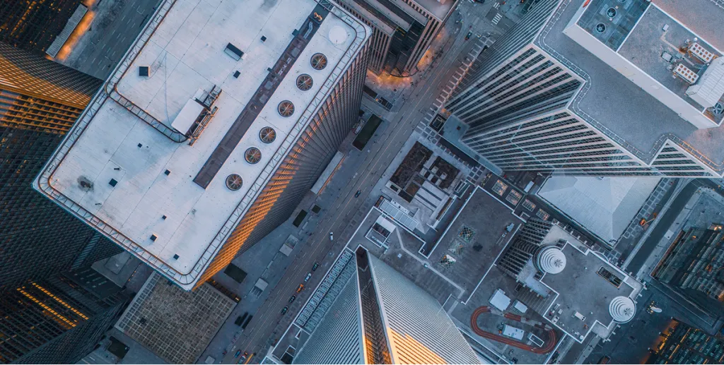 Arial view of office buildings housing Canadian businesses and finance teams.