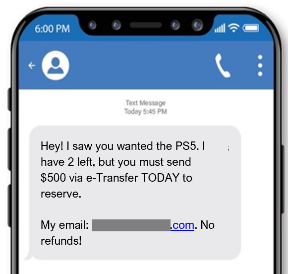 This scam text claims that the scammer has a hard-to-find item the victim wanted, requesting the victim transfer money to reserve the item.