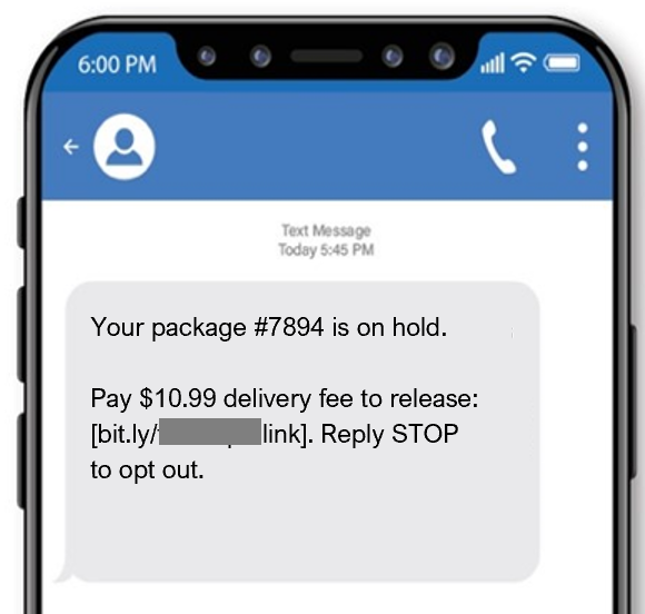 This scam text claims there is a problem with a delivery, asking the victim to pay an additional fee.