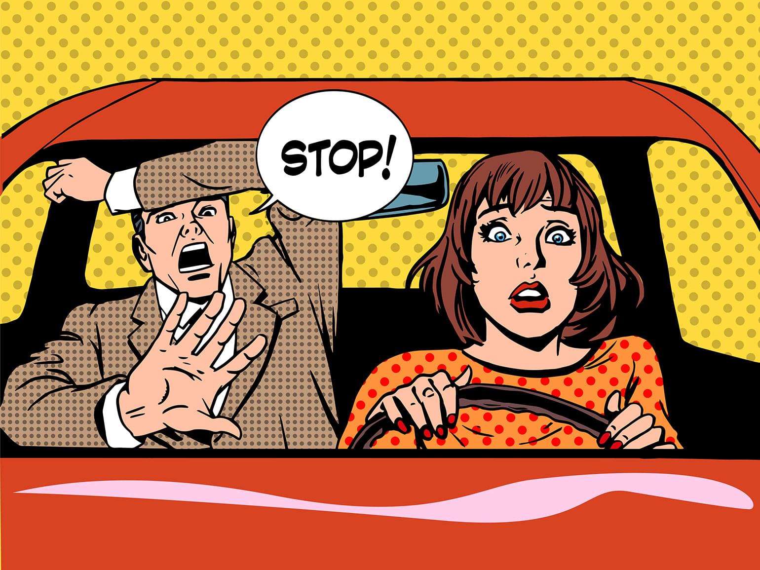Pop art de style rétro illustrant une élève au volant et son instructeur en panique. Auto et transport.