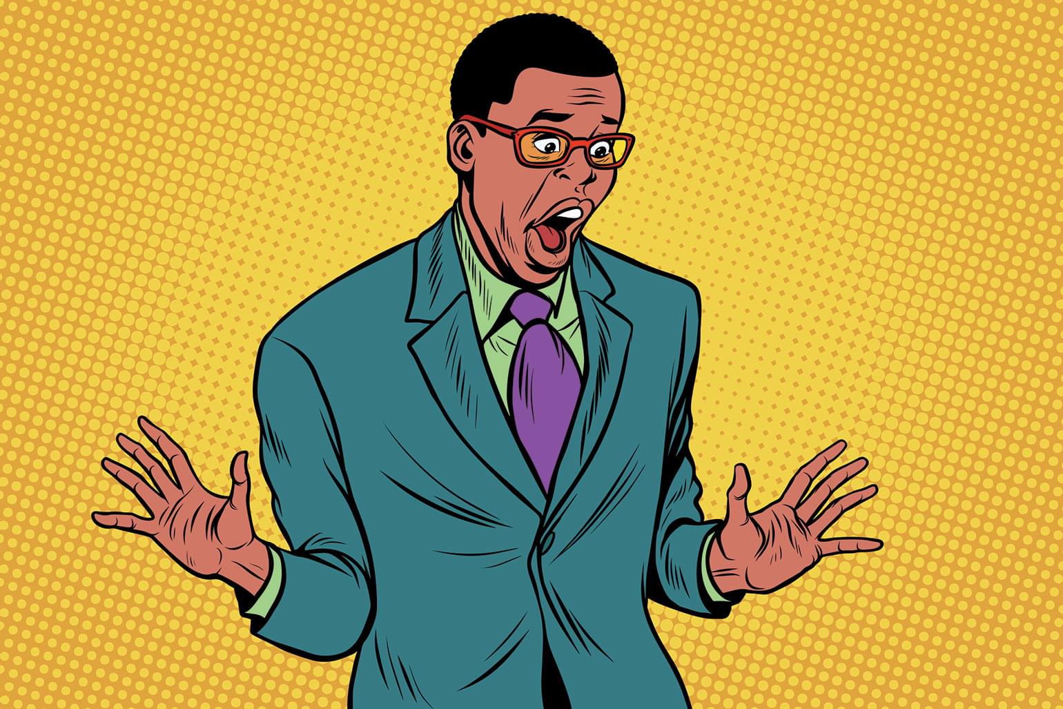 Homme d’affaires afro-américain stupéfait. Illustration vectorielle pop art rétro.