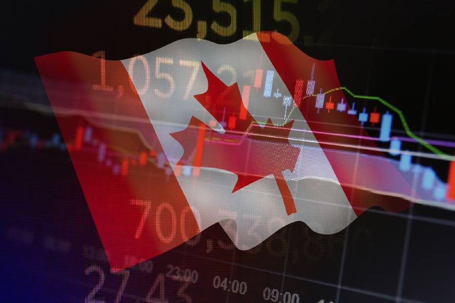 Illustration d'un drapeau canadien entouré de données financières.