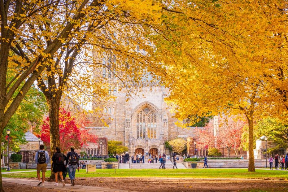 Magnifiques couleurs d'automne sur les arbres et université américaine non identifiée à l'arrière-plan.