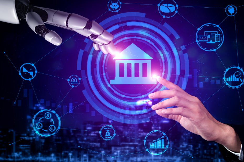 Une main de robot et une main humaine tendent vers l'icône d'une banque.