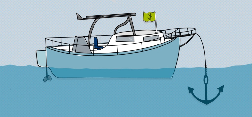 Illustration d'un bateau avec une ancre suspendue à l'avant.